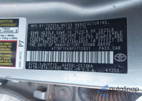 2015 Toyota Camry Se из США, поврежденный, VIN 4T1BF1FK9FU112931